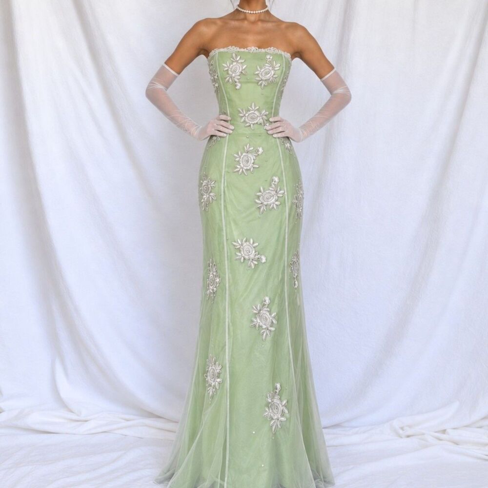 Vintage Green White Floral Beaded Embroidered Mesh Strapless Prom Dress Size S